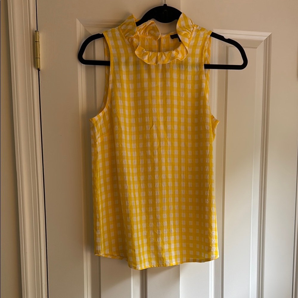 J. Crew Yellow and White Gingham Ruffled Bib Collar Blouse Jackie O